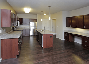 West Fargo apartment for rent - A kitchen with dark wood floors and a marble countertop.