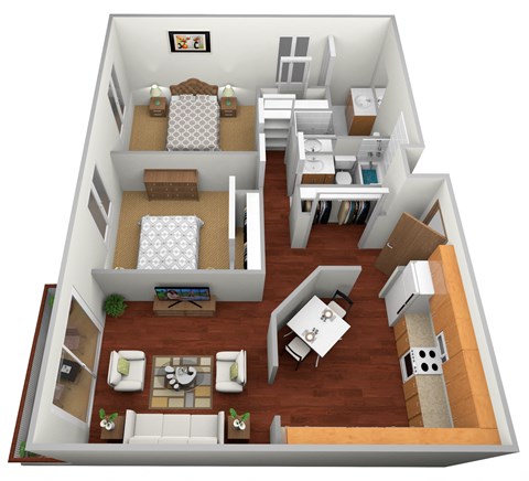 Floor plan for 2 beds, 2 baths, 950 sqft
