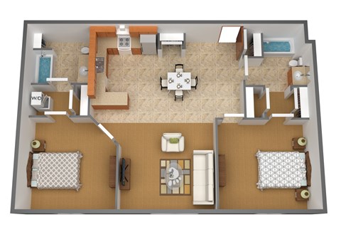 Floor plan for 2 beds, 2 baths, 1060 sqft