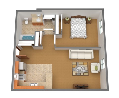 Floor plan for 1 bed, 1 bath, 636 sqft