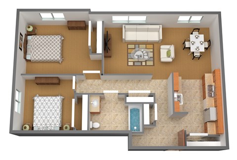 Floor plan for 2 beds, 1 bath, 882 sqft