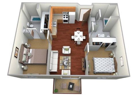 Floor plan for 2 beds, 2 baths, 932 sqft