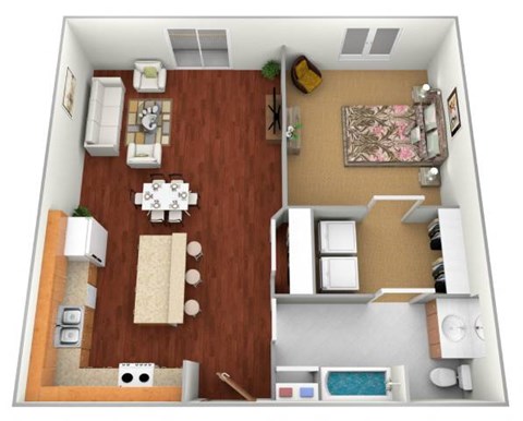 Floor plan for 1 bed, 1 bath, 840 sqft