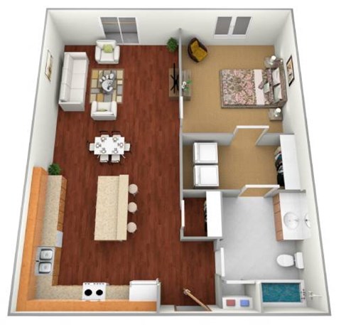 Floor plan for 1 bed, 1 bath, 742 sqft