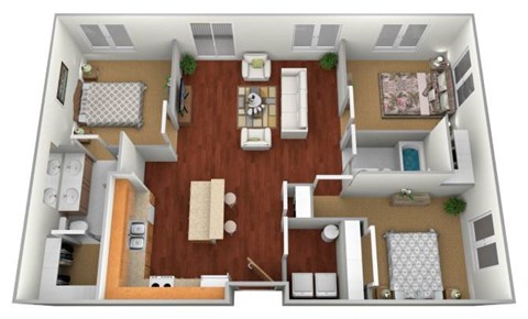 Floor plan for 3 beds, 2 baths, 1389 sqft
