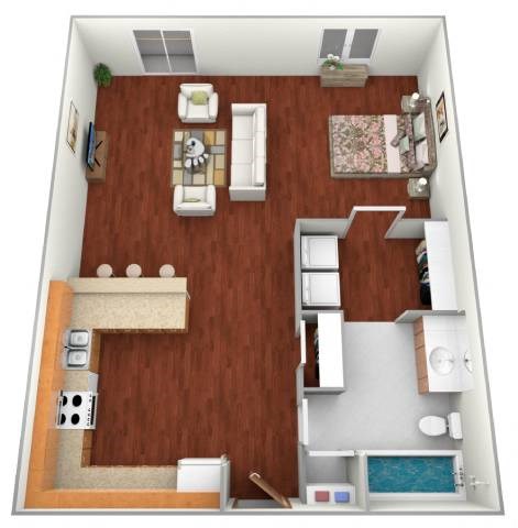 Floor plan for studio, 1 bath, 670 sqft