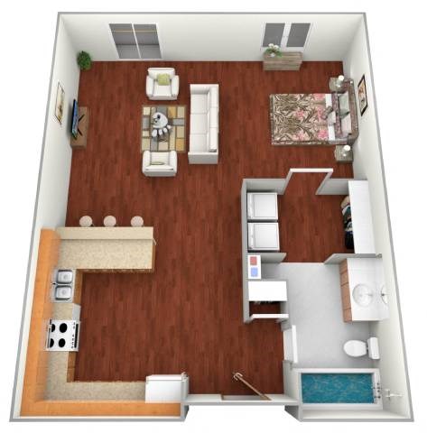 Floor plan for studio, 1 bath, 566 sqft