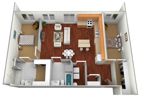 Floor plan for 2 beds, 2 baths, 1117 sqft