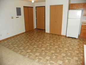 Detroit Lakes apartment for rent - A kitchen with a white fridge and brown flooring.