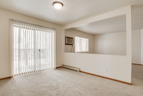 Fargo apartment for rent - A room with a window covered by white blinds and a carpet on the floor.