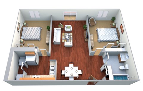 Floor plan for 2 beds, 1 bath, 858 sqft