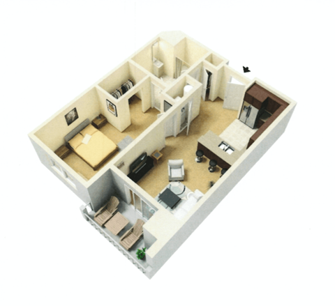 Floor plan for 1 bed, 1 bath, 627 sqft