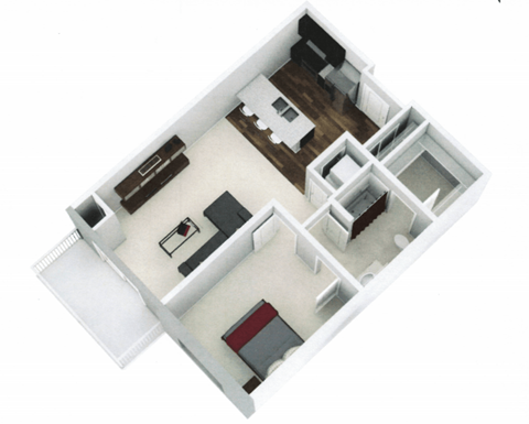 Floor plan for 1 bed, 1 bath, 701 sqft