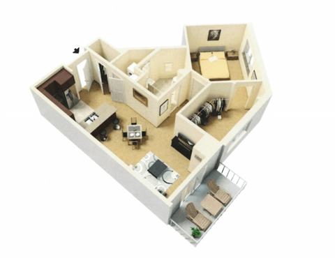 Floor plan for 1 bed, 1 bath, 781 sqft