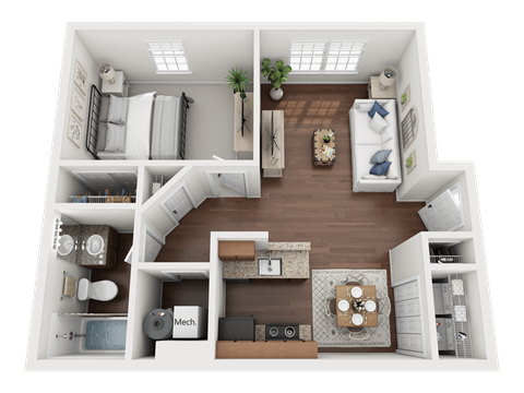 Floor plan for 1 bed, 1 bath, 678 sqft