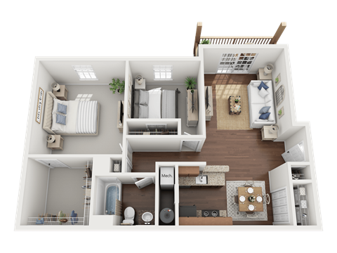 Floor plan for 2 beds, 1 bath, 933 sqft
