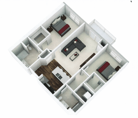 Floor plan for 2 beds, 2 baths, 988 sqft