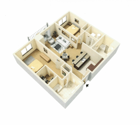 Floor plan for 2 beds, 2 baths, 999 sqft