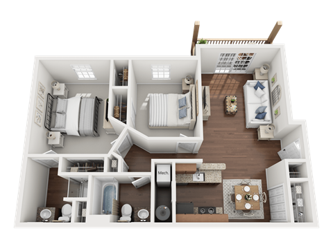 Floor plan for 2 beds, 2 baths, 933 sqft