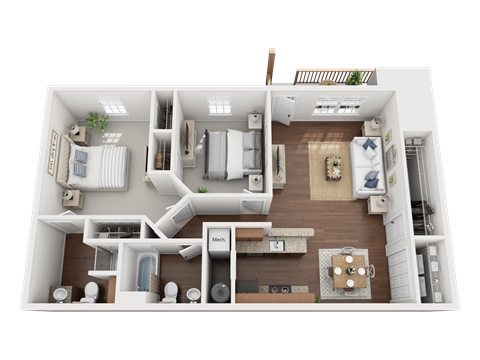 Floor plan for 2 beds, 2 baths, 1029 sqft