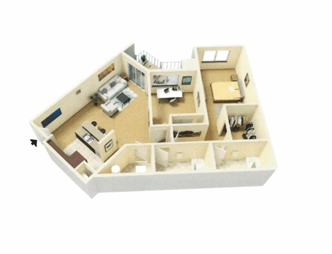 Floor plan for 2 beds, 2 baths, 1036 sqft