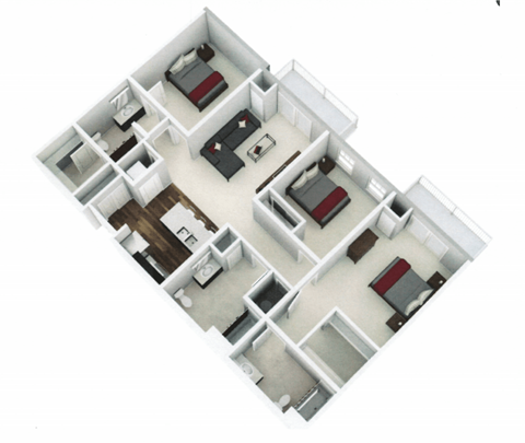 Floor plan for 3 beds, 3 baths, 1400 sqft
