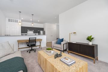 Powell apartment for rent - A modern living room with a wooden coffee table and a grey sofa.