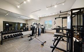 Conroe apartment for rent - A spacious gym with a variety of equipment including dumbbells, weight machines, and a bench press.