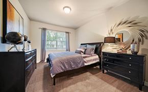 Conroe apartment for rent - A bedroom with a bed, dresser, and mirror.