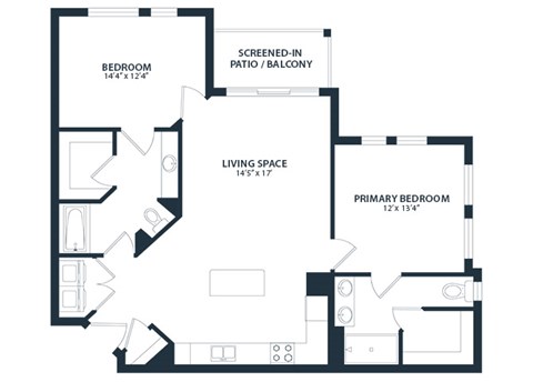 Floor plan for 2 beds, 2 baths, 1107 sqft
