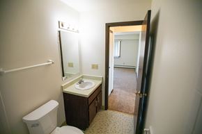 Grafton apartment for rent - A bathroom with a toilet, sink, and mirror.