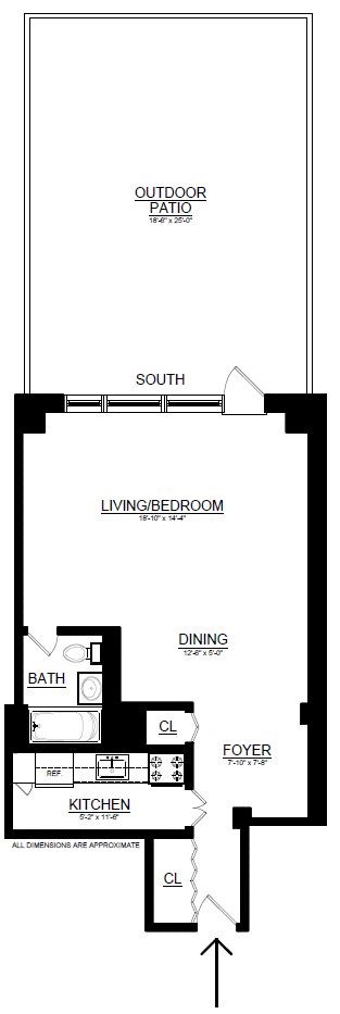 Floor plan for studio, 1 bath