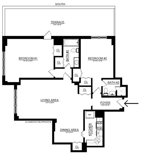 Floor plan for 2 beds, 2 baths