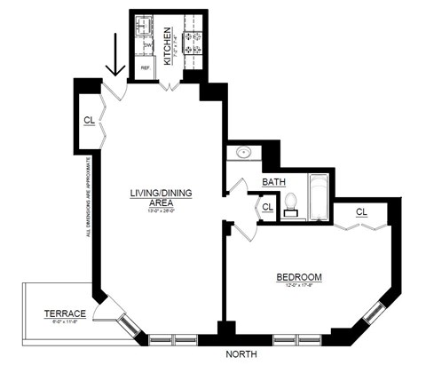 Floor plan for 1 bed, 1 bath