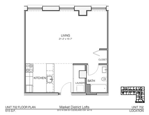 Floor plan for studio, 1 bath, 615 sqft