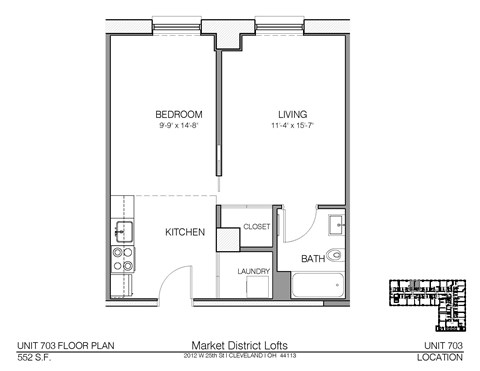 Floor plan for 1 bed, 1 bath, 552 sqft