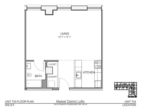 Floor plan for studio, 1 bath, 602 sqft