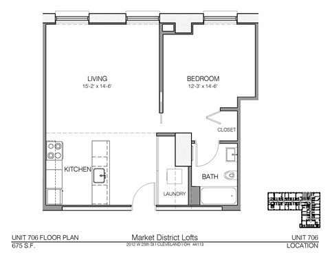 Floor plan for 1 bed, 1 bath, 675 sqft