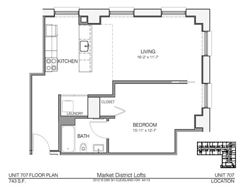 Floor plan for 1 bed, 1 bath, 743 sqft