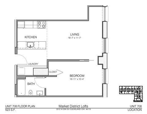 Floor plan for 1 bed, 1 bath, 623 sqft