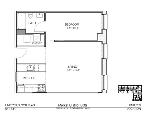 Floor plan for 1 bed, 1 bath, 641 sqft