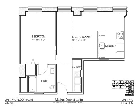 Floor plan for 1 bed, 1 bath, 732 sqft