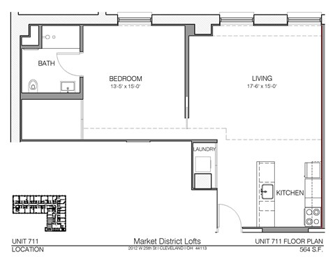 Floor plan for 1 bed, 1 bath, 564 sqft