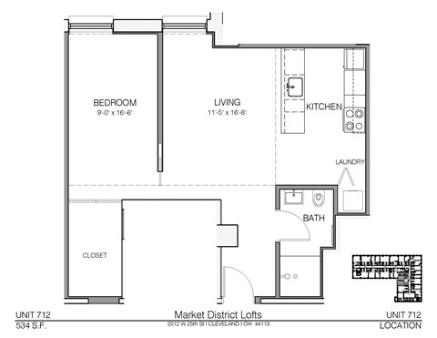 Floor plan for 1 bed, 1 bath, 534 sqft