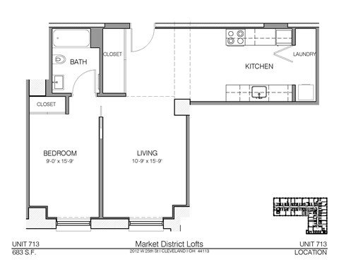 Floor plan for 1 bed, 1 bath, 683 sqft