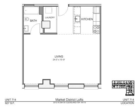 Floor plan for studio, 1 bath, 627 sqft