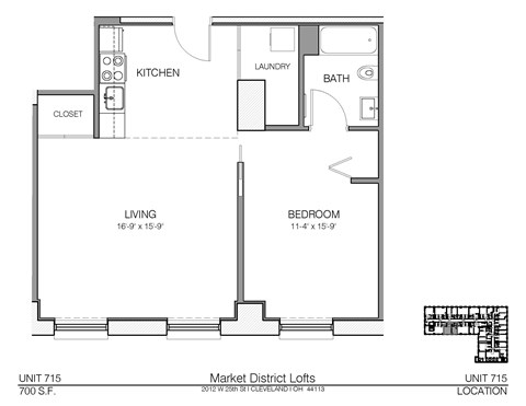 Floor plan for 1 bed, 1 bath, 700 sqft