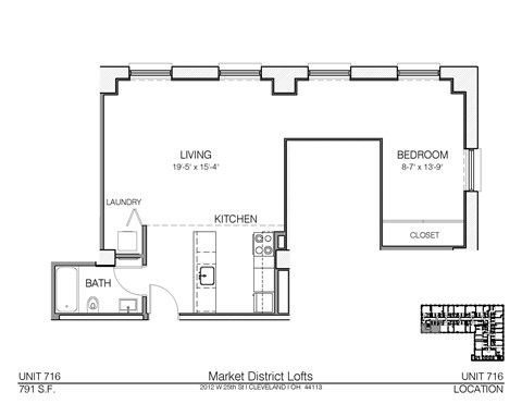 Floor plan for 1 bed, 1 bath, 791 sqft