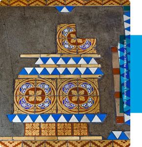 Seattle apartment for rent - a mosaic of a church with a blue and gold design on the floor