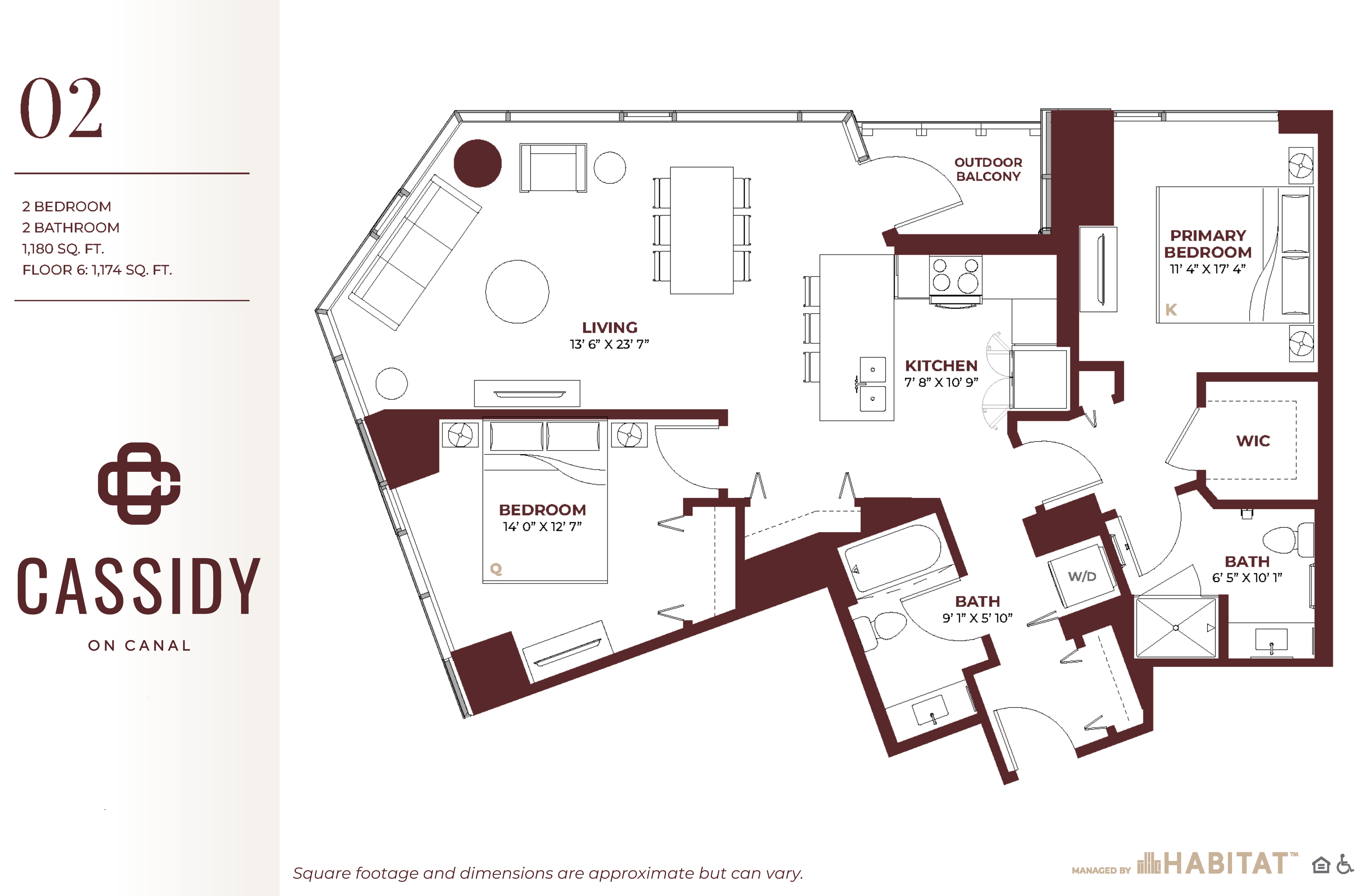 Floor plan for 2 beds, 2 baths, 1180 sqft